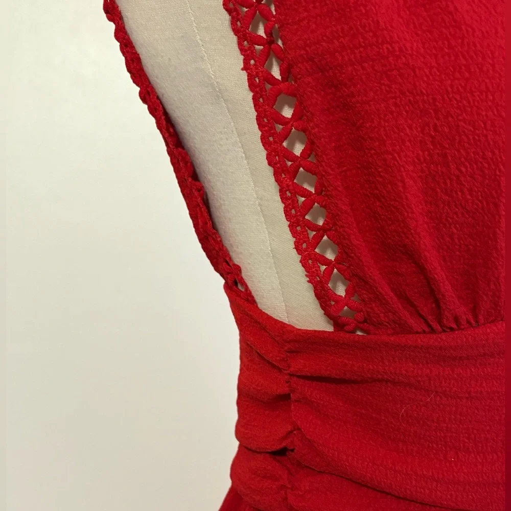 SHEIN Red Sleeveless Deep V Mini Dress with Crochet Trim